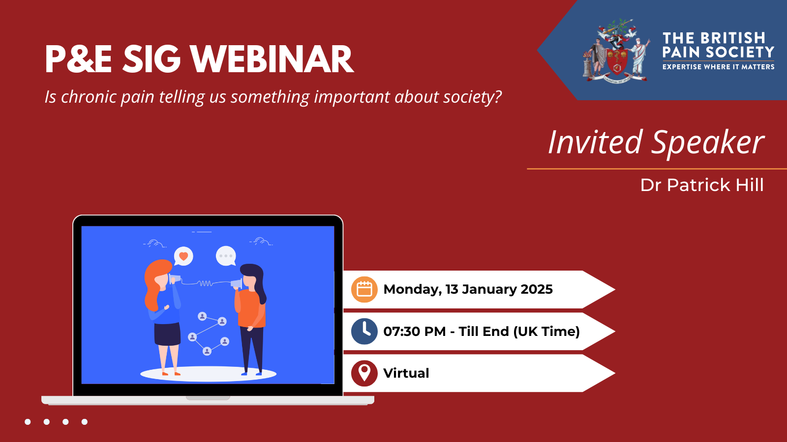 Promotional image for the P&E SIG Webinar. Title: 'Is chronic pain telling us something important about society?' Speaker: Dr. Patrick Hill. Date: 13th January 2025. Time: 19:30 GMT.